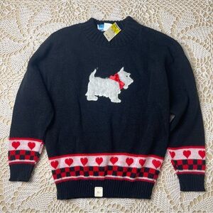 Vintage 1980s Merremont Girls 10-12 Years Black Heart Fuzzy Terrier Knit Sweater
